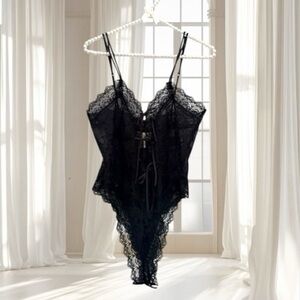 VTG Victoria’s Secret Gold Label Black Nylon Lace Bodysuit Size S